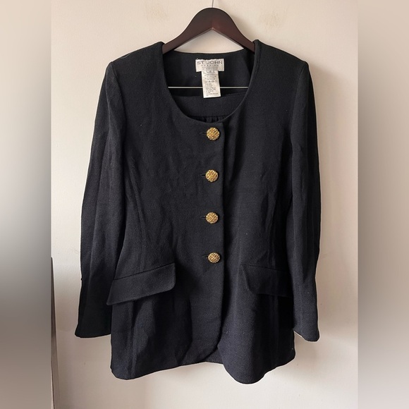 St. John Dresses & Skirts - St.John Collection Wool Black Jacket Blazer and Skirt SET with Gold Buttons - 10